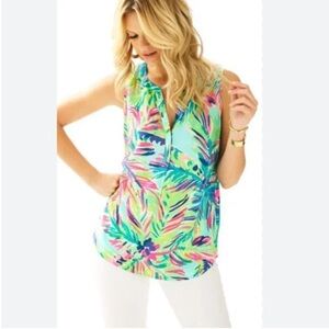 Lilly Pulitzer Stacey Sleeveless Top Island Time Print Green Multi Size Medium